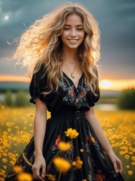 best quality,masterpiece,((a {British} woman)),<lora:Bohemain_v1.1-000009:0.8>,solo, jewelry, dress, blonde hair, smile, necklace, long hair, floral print, white dress,waterpark, ((messy hair)),(grassland),(yellow eyes),incredibly absurdres,(gold hair),floating hair,Large number of environments,the medieval ,grace,prospect,water eyes,wind,breeze,god ray,lawn,Mountains and lakes in the distance,The sun shines through the trees,A vast expanse of grassland,(water bloom), (delicate glow),  (breeze), long   Flowers meadow,(((sunset)), (less stars form a circle), randomly distributed clouds, (rivers), (willows with branches falling into the water),beautiful detailed glow, floating ashes, beautiful and detailed explosion, red moon, fire, fire cloud, wings on fire, a cloudy sky, smoke of gunpowder, burning, black dress, dove of peace, (floating cloud:1.2),