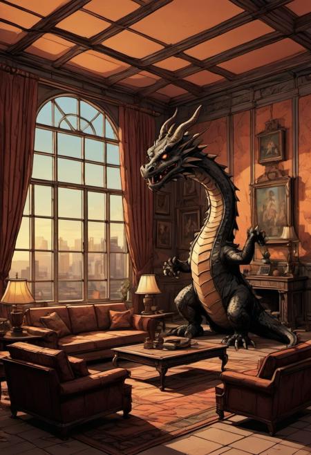 Living room dragon bronze and black sunlit room the set of a surreal sitcom