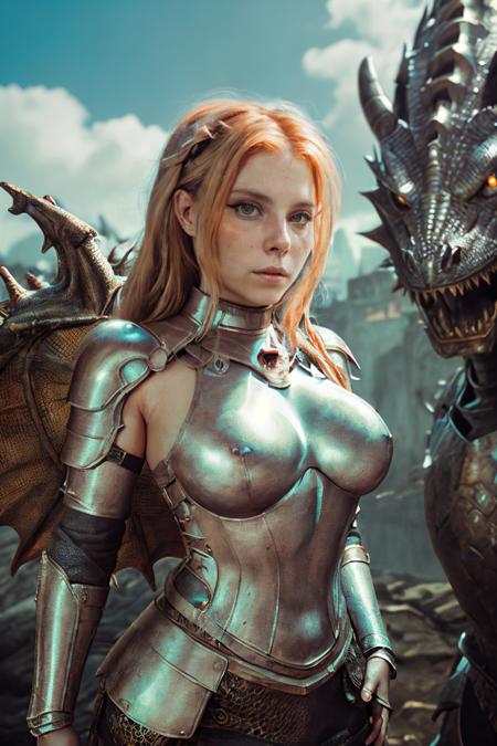 woman wearing metal armor, a dragon in the background,     <lora:Jiggly_sd:1>