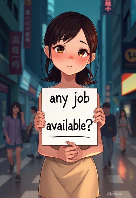 Medium shot digital illustration, (Realistic girl holding sign:1.3), Symmetrical composition, slender body, (Text on sign "any job available?":1.2), Vulnerable expression, Busy street, (Dramatic shadows:1.2), Soft glows, Contrasting color highlights, Future city atmosphere.