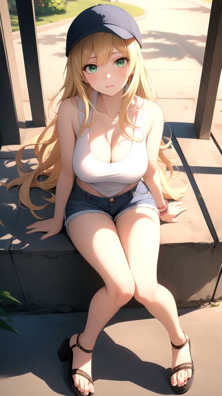 (best quality:1.1), (masterpiece:1.2), high quality shadow, beautiful detailed, beautiful face, detailed eyes, depth of field, highres, best shadow, best illumination, 1girl, looking at viewer, blonde hair, long hair, green eyes, shy, large breasts, denim shorts, tank top, sandals, floppy hat,