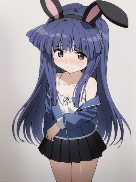 masterpiece,best quality,highest quality,best anatomy,<lora:0r0P00W0n0j0O0kqLSDXL_LoHA:1>,1girl,solo,furude rika,blue hair,purple eyes,long hair,animal ears,rabbit ears,skirt,white background,blush,simple background,jacket,black skirt,looking at viewer,breasts,ahoge,small breasts,fake animal ears,off shoulder,bangs,very long hair,collarbone,long sleeves,embarrassed,bare shoulders,pleated skirt,blue jacket,miniskirt,wavy mouth,camisole,