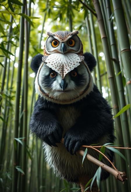 A wide angle shot of a hybrid creature with the body of a big (panda:2) bear and the head of an (owl:1), perched in a bamboo forest, frontview, the creature has the panda's distinctive black and white fur and the owl's large, expressive eyes, ultra detailed, high resolution, photorealistic, cinematic, and 4k, high quality, masterpiece
