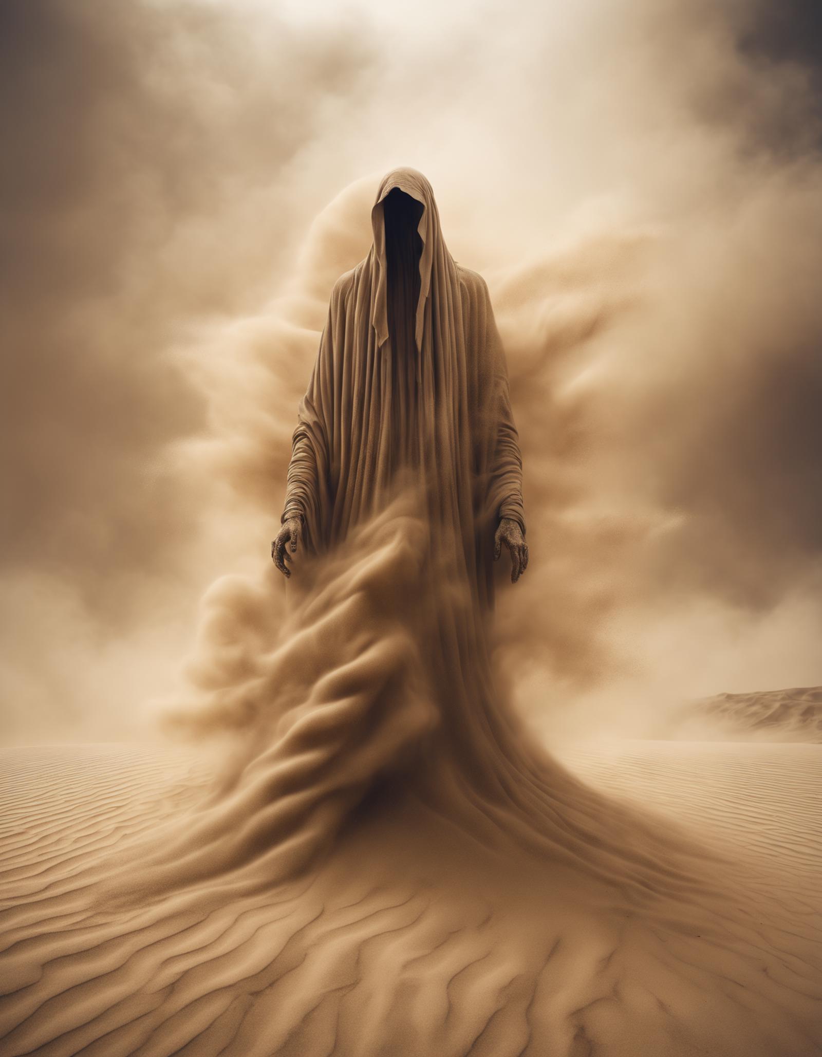 Ancient Skeletal Figure with Robe and Hood in a Dusty Environment.
