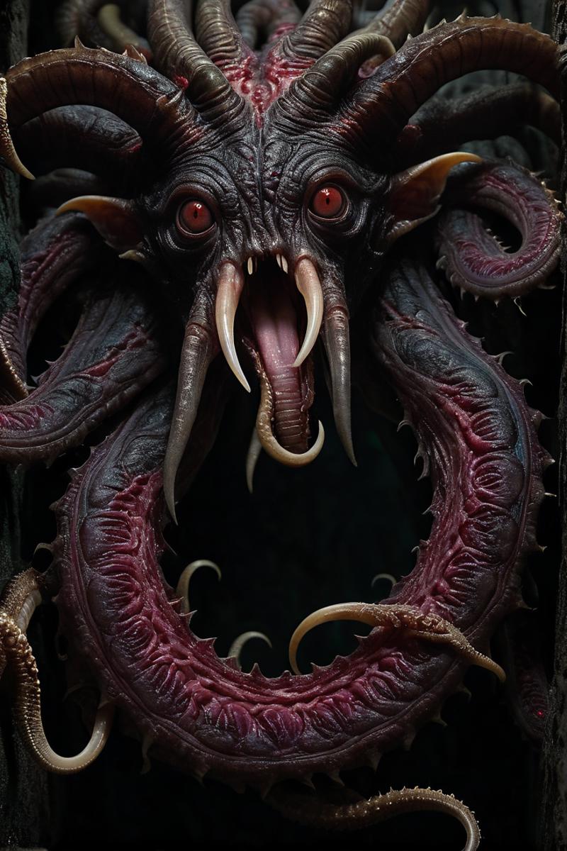 A creature with red eyes and large fangs, possibly an octopus or a monster, is seen in a close-up shot. The creature's mouth is wide open, revealing its sharp teeth. The creature appears to be either screaming or making a funny face. The image is set against a dark background, emphasizing the creature's vivid appearance.