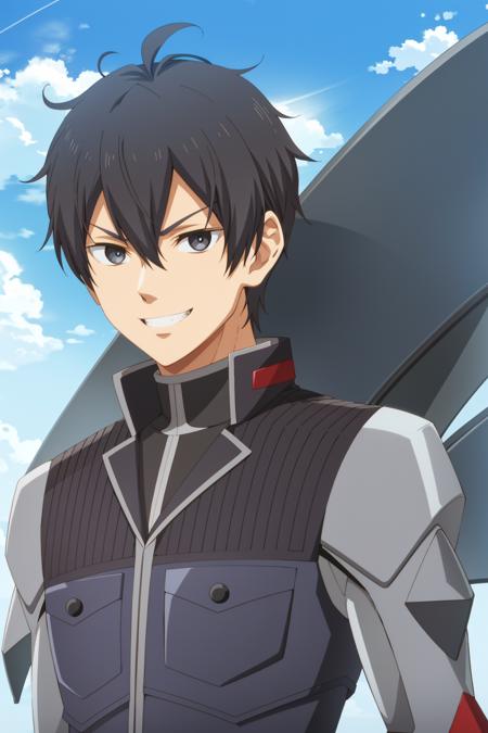 leon fou bartford\(mobseka\), solo, black eyes, looking at viewer, short hair, antenna hair, evil smile, bangs, black hair, 1boy, hair between eyes, v-shaped eyebrows, grin, male focus, pilot suit, (blue sky)