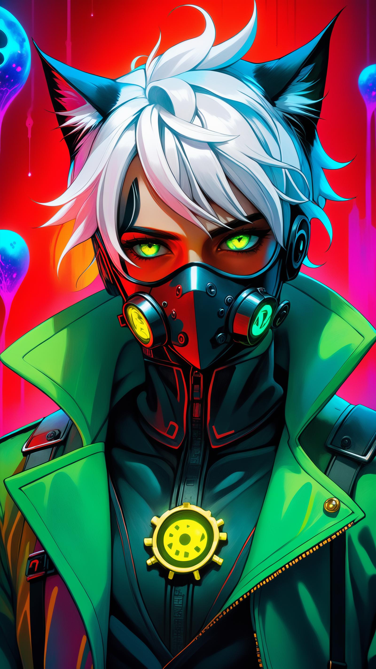 The image features a female character wearing a gas mask, a jacket, and a green hood. She is standing in front of a red background, and her outfit includes a green jacket and a black and red mask. The scene appears to be a colorful and futuristic setting, with the character being the main focus of the image.