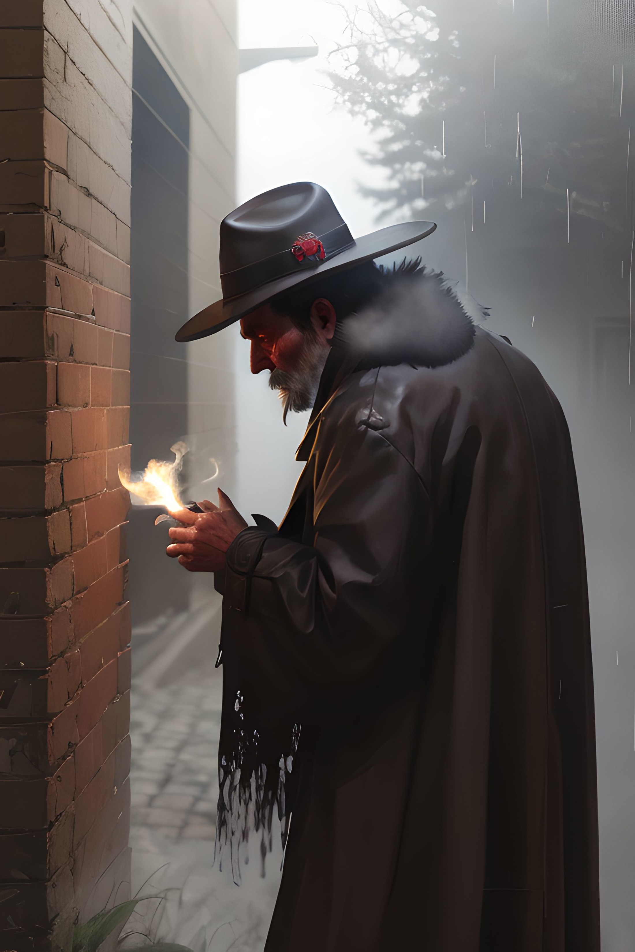 Noir detective, male, leaning on a brick wall in the rain, grizzled, fedora, trenchcoat, raining, side view, smoking a cig...