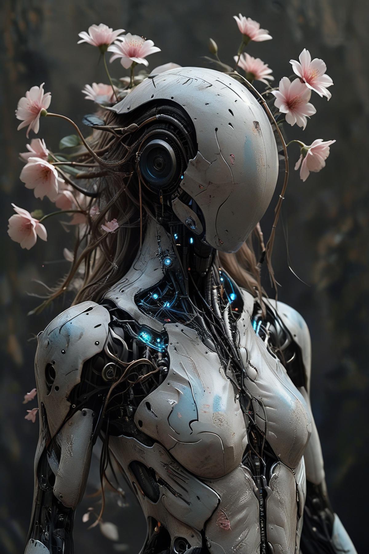 A robotic figure with a flower crown, featuring a white and silver body with blue and green accents.