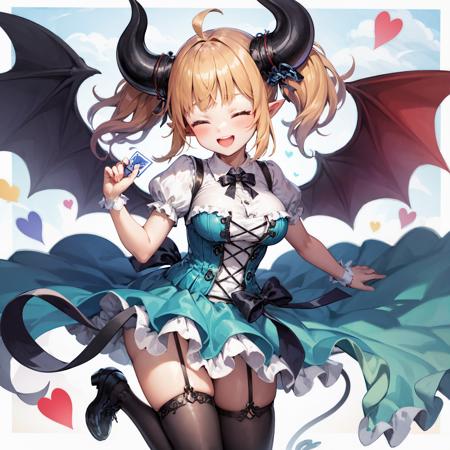 (masterpiece, best quality, highres), 1girl, horns, one eye closed, thighhighs, blonde hair, wings, pointy ears, open mouth, demon tail, smile, solo, twintails, dress, (demon girl, tail,) demon horns, ;d, card, holding, orange eyes, (demon wings), breasts, short sleeves, black thighhighs, puffy short sleeves, looking at viewer, puffy sleeves, yellow eyes, ribbon, hair ornament,  frills, long hair, blue dress, bow, (bat wings), ahoge, blush, cat, hair ribbon, shoes, large breasts, boots, black footwear, brown eyes, corset, full body, teeth, bangs, zettai ryouiki, frilled dress, frilled thighhighs, blunt bangs, underbust, skirt, hair bow, cross-laced clothes, :d, sky,  paper, short hair, watermark, holding card,  <lora:GremoryV1:1>