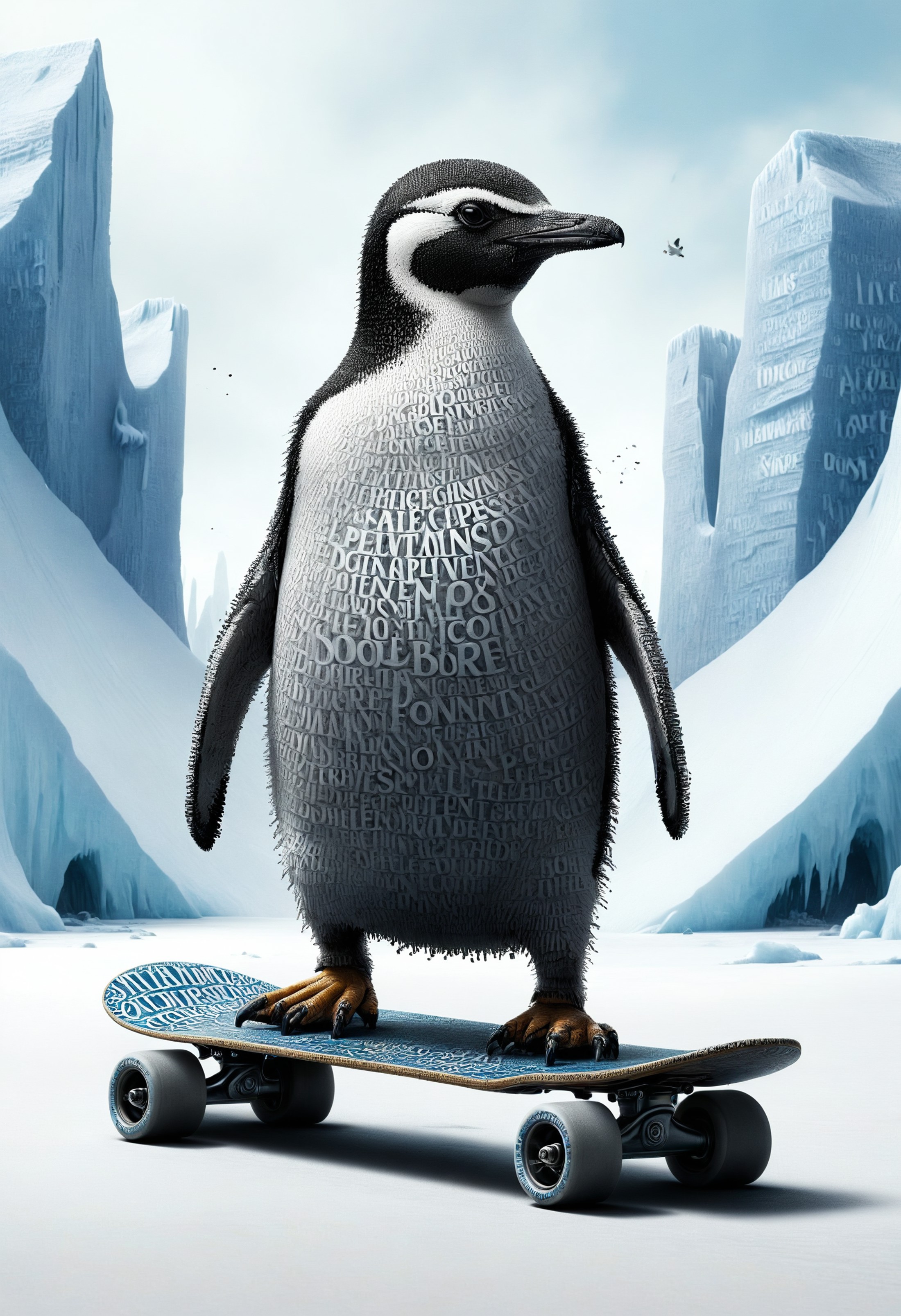 a penguin riding a skateboard, the dreamlands    in polar ice cap biome  <lora:dvr-txt:1> dvr-txt