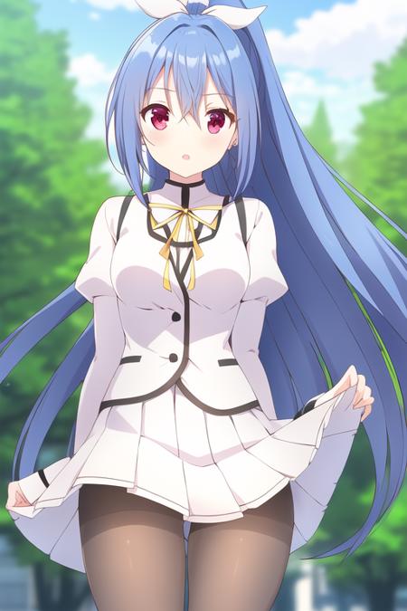 masterpiece, best quality,1girl,solo,ellis fahrengart,blue hair,long hair,ponytail,red eyes, white hair ribbon,(school uniform,white shirt,white vest,buttons,frills,yellow neck ribbon,sleeve cuffs,white pleated skirt),(black pantyhose),<lora:EllisFahrengart:0.8>,outdoors,standing,wind,wind lift, 