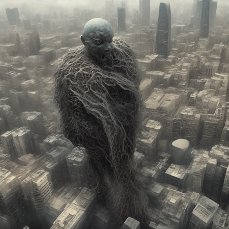 photo, a strange looking creature standing in the middle of a city (megademons style:1) <lora:djzMegaDemonsV21:1>