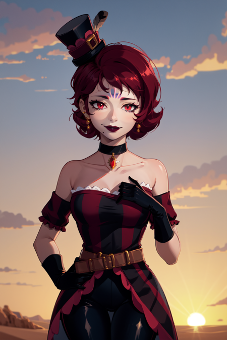 lolaBS_lawless, red hair, short hair, makeup, lipstick, facial mark, mole under mouth, earrings, top hat, mini hat, jewelry, collarbone. dress, bare shoulders, belt, black gloves, black pantyhouse, red boots
