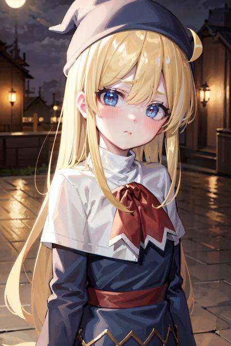 (detailed background), beautiful cg, best quality, (cinematic), witchpuyo, 1girl, blue dress, white capelet, red bow, blue headwear, upper body, sash, ahoge, pout, looking at viewer, facing viewer, blush, pov, from above, upper body, standing, outdoors, night, brick road, cloudy_sky, moon, village <lora:witchpuyopuyov5:1>