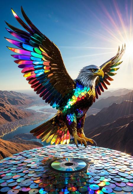A majestic eagle made entirely of compact discs, its wings spread wide with layered CDs forming feathers that reflect iridescent rainbow colors, metallic textures shimmering in the sunlight, sharp beak and piercing eyes crafted from discs, soaring high above a futuristic landscape, dramatic lighting, hyper detailed, photorealistic textures, colorful and artistic composition, made of cd's