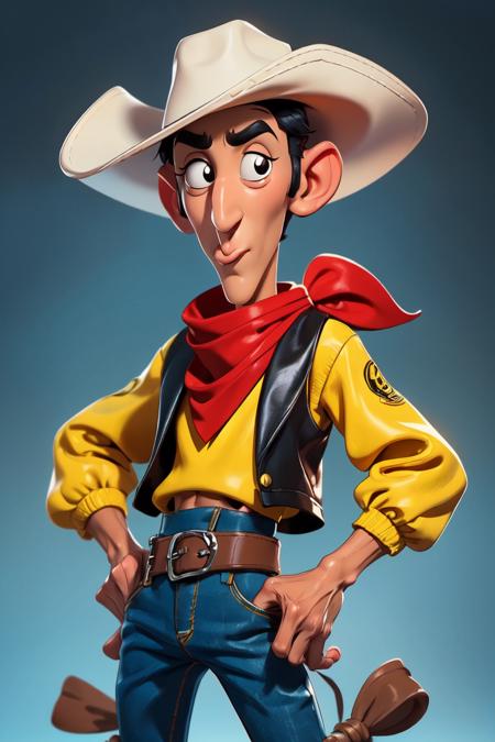 ((best quality)), ((masterpiece)), (detailed),(high-resolution:1.2),
 1man, Lucky luke, yellow top, black sleeveless jacket, jean, cowboy hat, red bandana