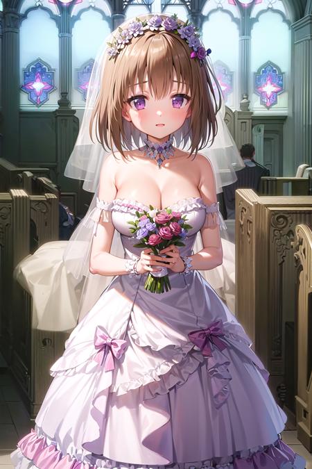 standing, holding flower, church. stained glass,  god ray, landscape,
solo, satsuki, bangs, blush, brown hair, large breast, purple eyes, short hair, ultimate insane frilled dress, wedding dress,
<lyco:hentai-satsuki-t1-000045:0.8>