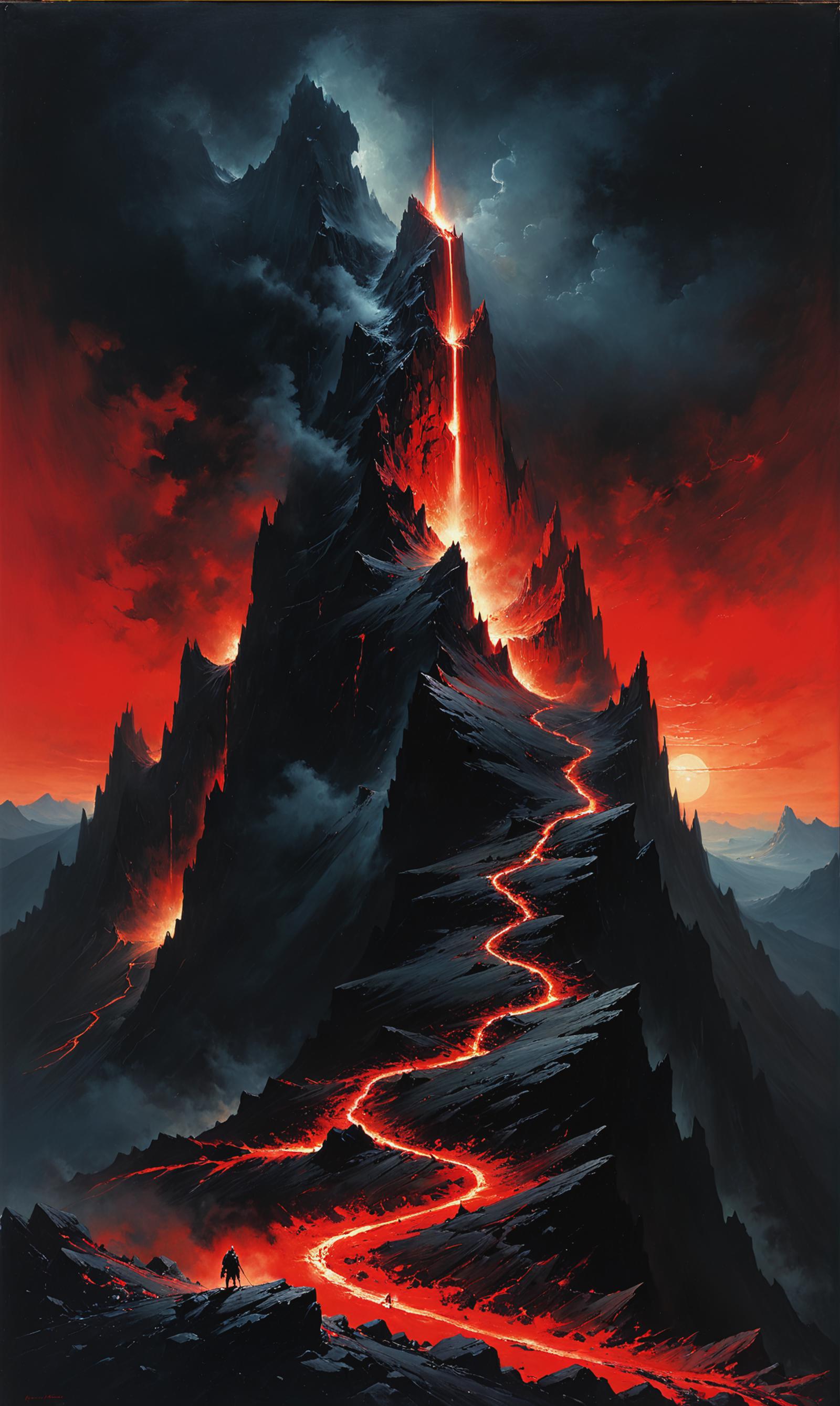A volcanic mountain with a red glowing trail or path on it.