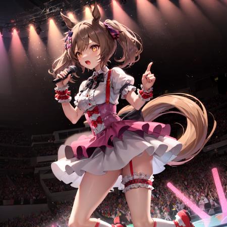 masterpiece, best quality, 
smart falcon \(umamusume\), 
full body, standing, stage lights, glowstick, 
holding microphone, music, singing, 
hair bow, hair ribbon, puffy short sleeves, wrist cuffs, wrist scrunchie, collared shirt, white shirt, suspenders, black bowtie, center frills, back bow, suspender skirt, pink skirt, high-waist skirt, frilled skirt, dress, bridal garter, thigh strap, frilled socks, red socks, red footwear, sneakers, 
<lora:smart_falcon_loha:0.6>