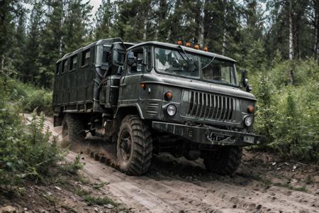 photo RAW,(<lora:gaz66:0.7>, a gray truck driving down a dirt road in dark forest), masterpiece, award winning photography, lighting, perfect composition, high detail, hyper realistic,dramatic lighting, epic