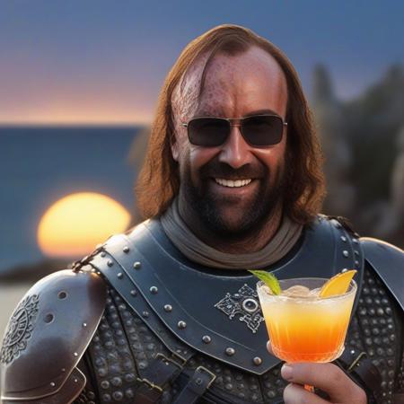 SandorClegane1024, sunglasses, smile, holding a cocktail on the beach, sunset, forest, detailed eyes, photography, trending on artstation, sharp focus, studio photo, intricate details, highly detailed, by greg rutkowski   <lora:SandorClegane1024-000067:0.9>