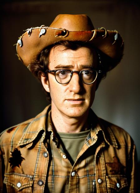 ( <lora:WoodyAllen:1>) a close up Portrait photo of (wa1) man with messy hair and glasses, Detailed face, (perfect eyes), (highly detailed skin:1.1), perfect body, wearing a (toy story sheriff woody costume and cowboy hat)), Modelshoot style, Professional Photography, soft lighting, PHOTOREALISTIC, Realistic, standing in a dark studio background, blurred background, volumetric fog,. RAW, analog style, sharp focus, 8k, HD, DSLR, high quality, Fujifilm XT3, film grain, award winning, masterpiece,