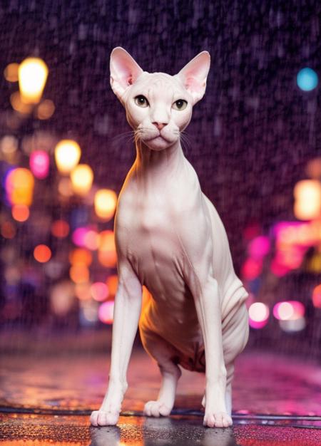 sphynx <lora:sphynxCATlora:1> in  suit in city night, rain, wet, professional lighting, photon mapping, radiosity, physically-based rendering,