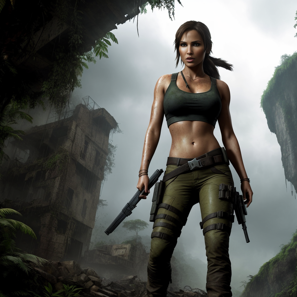 Lara Croft, ruined city in the jungle, soaking wet,
hdr, muted colors, dramatic, complex background, cinematic, filmic, be...
