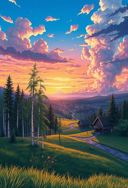 anime art, line-art, makoto shinkai style, semi-realism, (forests and fields and valleys:1.5), (sky-high view), sunset, birch and fir trees against colorful sky and bright clouds, green and yellow grass, madness in the sky, cinematic quality, beautiful colors, high detail, in the distance is a village with wooden log one-storey houses, traditional old houses, houses is decorated with wood carvings and lace, pedestrian paths,