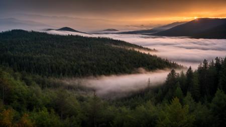 RAW photo, extreme wide view of a dense forest mountainside, fog, mist, sunset, dim lighting, hyper realistic, masterpiece, absurdres, award winning, 8k uhd, crepuscular lighting, volumetric lighting, <lora:add_detail:0.3>