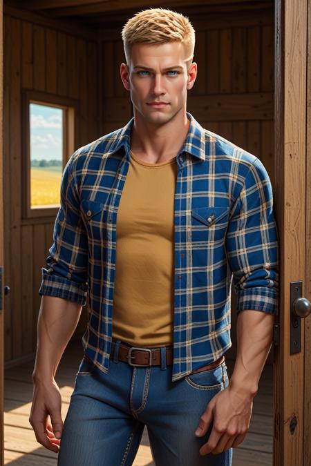 WSBlazkowicz, 1boy, short hair, blonde hair, blue eyes, muscular