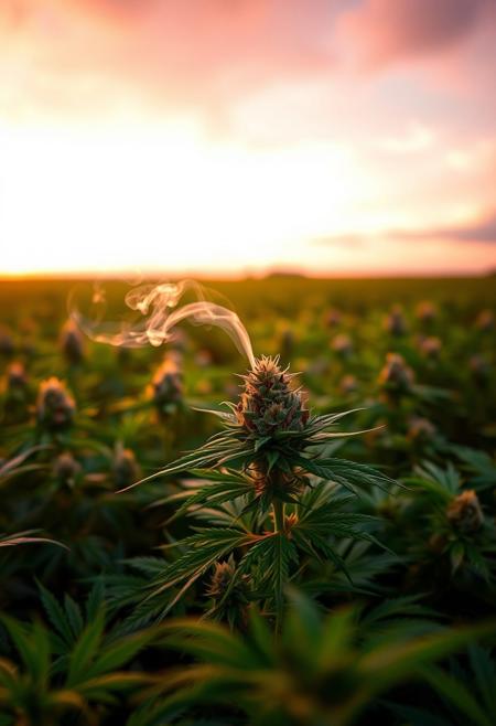 vibrant cannabis field, (lush green leaves:1.4), (sunset glow:1.2) casting warm light over the plants, (detailed textures:1.5), smoke swirling softly in the air, (cannabis buds:1.3) glistening with trichomes, peaceful and serene atmosphere, (natural light:1.4), wide field stretching into the distance, (colorful sky:1.2) with shades of pink and orange, (high-definition:1.6), (ultra-realistic textures:1.5), close-up details of cannabis plants, (soft focus in the background:1.2), modern, laid-back aesthetic, perfect for a cannabis culture feature, chill and relaxed vibe, (overexposed:-1.4), (unnatural colors:-1.5), (blurry:-1.6), (low-resolution:-1.7), (harsh lighting:-1.5), (distorted textures:-1.6)