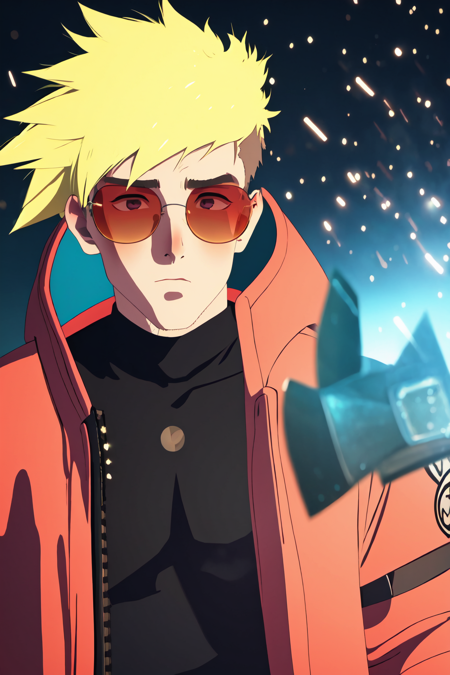 Night,<lora:trigun_stampede:1>, trigun style, 3d, ultra  detailed, cgi, blonde hair, sunglasses, ethereal effect, galactic particle, spikey hair, coat, shaded face, shadow, sparkles