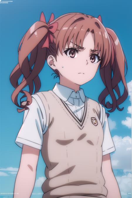 kurokoshirai, <lora:kuroko shirai s3-lora-nochekaiser:1>,
kuroko shirai, brown hair, long hair, (parted bangs:1.5), (brown eyes:1.7), ringlets, twintails, hair bow, bow, red bow, (small breasts:1.2),
BREAK armband, black skirt, collared shirt, dress shirt, pleated skirt, safety pin, school uniform, shirt, short sleeves, skirt, summer uniform, sweater vest, tokiwadai school uniform, twintails, white shirt, (brown sweater vest:1.5),
BREAK outdoor, city, sky, sun, clouds,
BREAK looking at viewer, (cowboy shot:1.5),
BREAK <lyco:GoodHands-beta2:1>, (masterpiece:1.2), best quality, high resolution, unity 8k wallpaper, (illustration:0.8), (beautiful detailed eyes:1.6), extremely detailed face, perfect lighting, extremely detailed CG, (perfect hands, perfect anatomy),