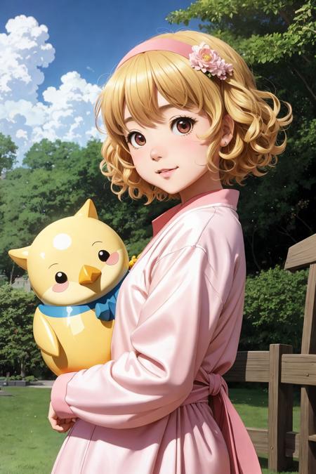 2.5D depth, anime masterpiece of Hayao Miyazaki, a beautiful [[[[smiling]]]] little blonde toddler girl with short loosely curly hair, at the park on a beautiful day, holding a round all-pink stuffed penguin, by Artgerm, Mucha Klimt, Hiroshi Yoshida and Craig Mullins, featured on Artstation, CGSociety, Behance HD, Deviantart