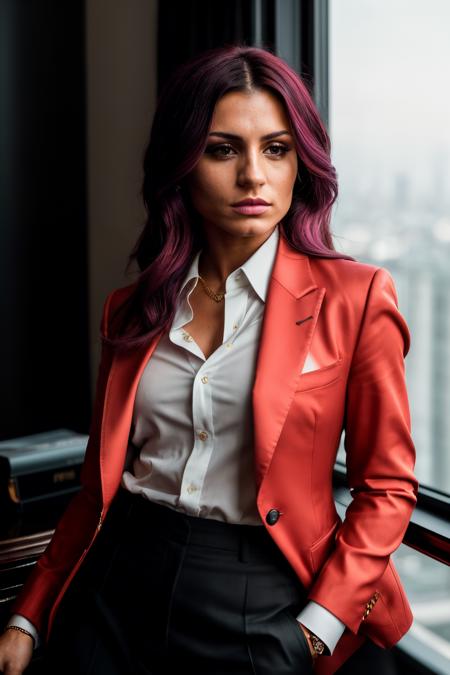 A stunning intricate full color portrait of samera1, wearing a business woman outfit, epic character composition, by ilya kuvshinov, alessio albi, nina masic, sharp focus, natural lighting, subsurface scattering, f2, 35mm