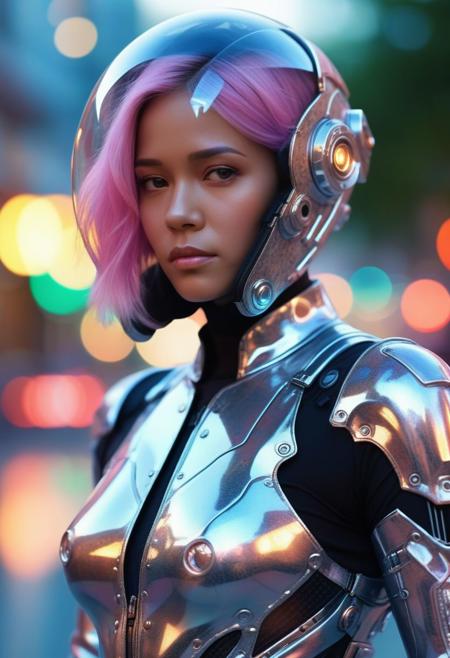 woman in transparent camo worn [chrome|carbon] mech suit, (bokeh), intricate, (translucent), elegant, sharp focus, greg rutkowski, soft lighting, vibrant colors, masterpiece, ((futuristic streets)), detailed face, pastell-colored hair, full body shot