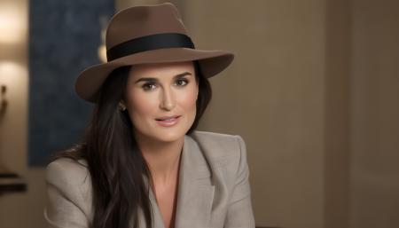 bleu style photographie : On a film set, actress Demi Moore, with a hat is the focal point, captured in a moment of quiet elegance. She stands under soft, flattering lighting that accentuates her flawless complexion and sharp features. The background is a blend of cinematic elements, such as cameras, crew members, and set pieces, subtly blurred to keep the focus on her. Demi wears a classic, chic outfit that complements her timeless beauty. Her expression is poised, with a hint of a smile, reflecting confidence and grace. The lighting creates a warm glow, highlighting her face beautifully against the cinematic backdrop, very bleu light in face, <lora:Demi Moore SDXL:1>