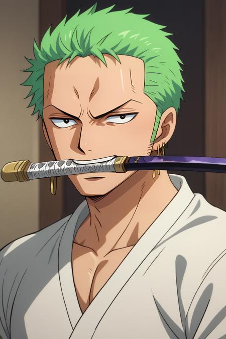 zoro_roronoa, green hair, black eyes, short hair bandana earrings wano country arc, chonmage, japanese clothes, kimono post timeskip, scar across eye, one eye closed sideburns katana, holding sword, mouth hold, teeth