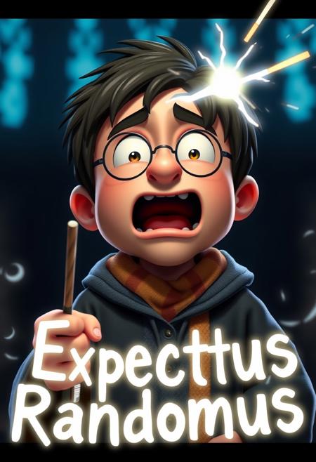 Photorealistic rendition of an exaggerated cartoon character dressed as a harry potter student wizard. he is casting a spell with his wand in a dramatic gesture screaming the incantation. The text "Expectus Randomus" appears on screen in a font of magical light bolt. his face while realistic looks like a japanese chibi caricature his mouth opened in a tightly lipped O, his lips plum, his eyes looking up his eyes in a crescent moon shape the bottom like manga characters are when content with themselves, eyebrows raised, giving him the allure of a dim person, of low intelligence and even a little dumb. The lights and shadows from the spell accentuate his facial lines.