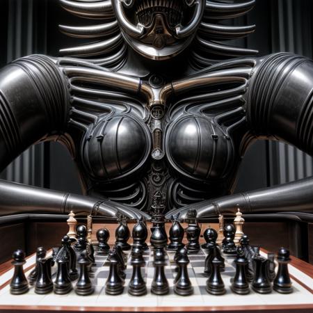 chess queen in the real world,   <lora:more_details:1> <lora:Biomechanicals_v2_lora1500:1> hnsrdlf style, Giger art style, chess , chess board, full shot