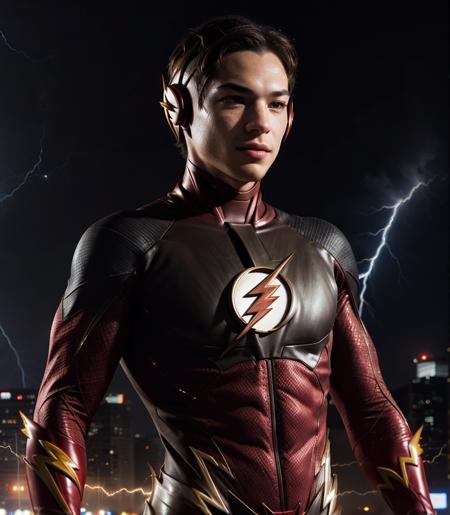 photo of Ezra Miller, the Flash , hero((masterpiece)), ((best quality)), (ultra-detailed), absurdres, extremely detailed CG unity 8k wallpaper,Accurate describe shapes, (realistic), beautiful face, detailed hands, expressive eyes, upper body, ((close-up)), solo, city, scenery, dramatic light, (standing, superhero, smile:1.2), (1boy, mature male, muscular male, brown hair, black eyes, short hair:1.4), (red bodysuit, the flash suit, thunder symbol:1.3), ((masterpiece)), absurdres, HDR <lora:epi_noiseoffset2:0.7>