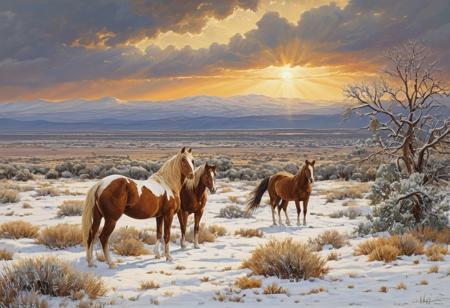 Wild horses, mesa, snow, landscape, no humans, scenery, cloudy sky, sun ray through the clouds, shrubbery, grass, masterpiece, a beautiful landscape painting of a wintry scene with wild horses, pristine, ornate border,