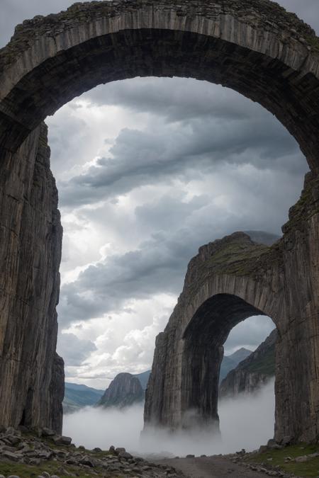 towering mountain pass with giant stone arch, carved runes glowing faintly, epic foggy valley beyond, dramatic storm clouds, cinematic fantasy vibe, detailed rock textures, high altitude perspective, ancient road leading into the unknown