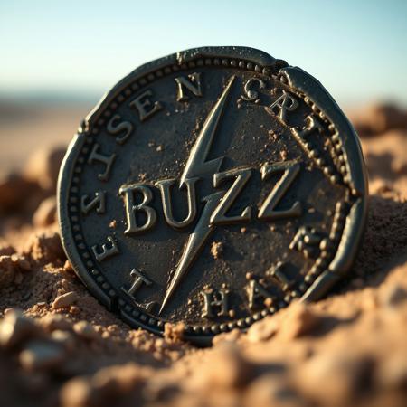 Closeup of a Archeological find in desert, a ancient detoriated coin with lightning bolt symbol and text in ancient font saying BUZZ, realistic, masterpiece, dramatic light, depth of field