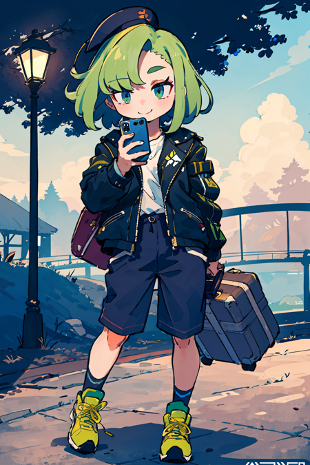 ((best quality)),((world masterpiece)),((illustration)),beautiful detailed,colourful,extremely detailed 8K wallpaper,finely detailed,dramatic light,intricate details, ((ultra-detailed)),
1girl,  bag, blue_eyes, blue_headwear, bridge, cellphone, closed_mouth, eyebrows_visible_through_hair, green_eyes, green_hair, grey_footwear, handbag, hat, holding, holding_phone, jacket, lamppost, leather, leather_jacket, long_sleeves, looking_at_viewer, mole, mole_under_eye, phone, railing, shoes, short_hair, smartphone, smile, sneakers, solo, suitcase, sweater, tree