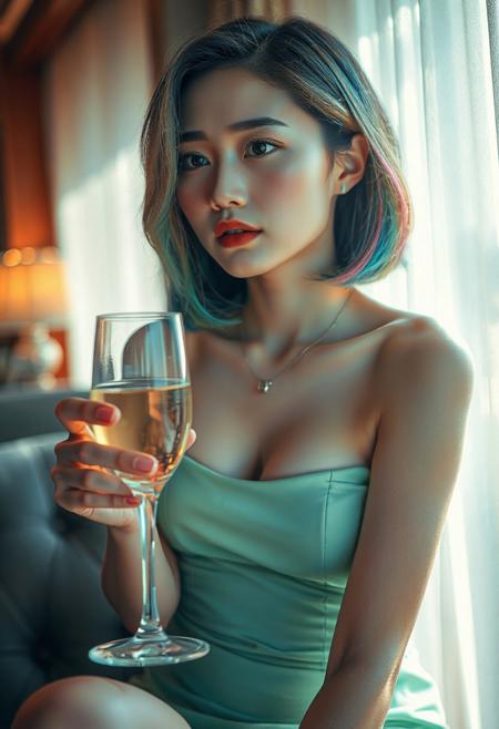 DSLR-style, slender, elegant 26-year-old Korean model, extremely pale skin with natural texture, soft shadow on cheek, diffused daylight from side, parted lips, masterpiece, ultra high-res  
<lora:NOOB_vp1_detailer_by_volnovik_v1:1>
barely visible pores, subtle skin texture variation, translucent skin tone, full body. 
masterpiece, best quality, 32k, high resolution, absurdres, HD32k, masterpiece, 1girl solo, short hair, rainbow hair, small breasts, blue eyes, slim, detailed eyes, detailed lips, light green tube dress, glitter dress, cleavage, tight dress, nipple peek, holding a glass of champagne, indoor, party, party room, fancy room, warm light, makeup, lipgloss, jewels, necklace, dynamic view, cowboy shot, looking away, sitting, crossed legs,