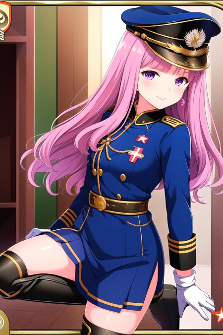 (masterpiece, best quality), highly detailed background, perfect lightingbest quality, yuutenjiyayoi, solo, solo focus, military, peaked cap, pink hair, bangs, long hair, purple eyes, jewelry, armband, white gloves, black skirt, knee boots, black footwear, military uniform, smile, closed mouth, pink lips, <lora:Yuutenji-Yayoi:0.7>