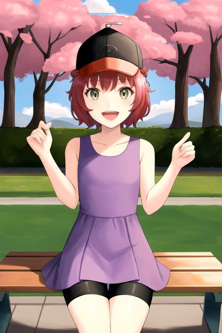 masterpiece, best quality, highres, 1girl, solo, dress, bike shorts, cowboy shot, open mouth, smile, sleeveless, purple dress, baseball cap, shorts under dress, standing, outdoors, sleeveless dress, black headwear, tongue, teeth, :d, bangs, bare arms,  <lora:KeksandraClover:1>, sitting on bench, cherry blossom, pink sky, pink clouds,